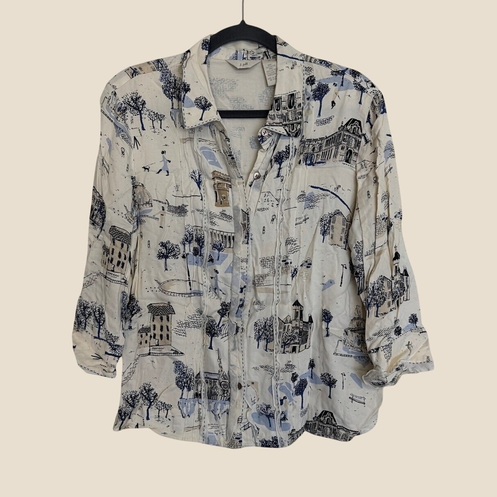 J Jill Medium Button Down Shirt Blouse Top France Paris Landmarks Novelty Print